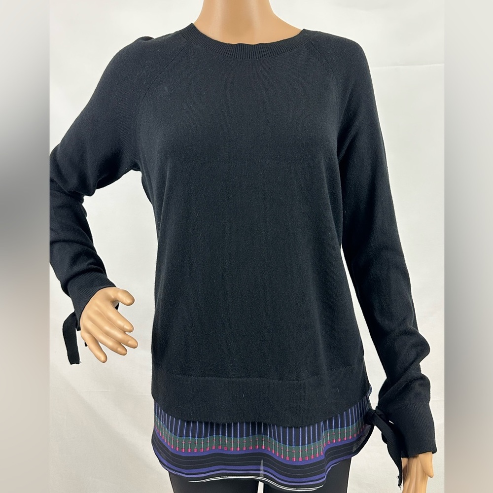 Loft Black Silk Blend Sweater with Semi-Sheer Striped back and sides Lar…